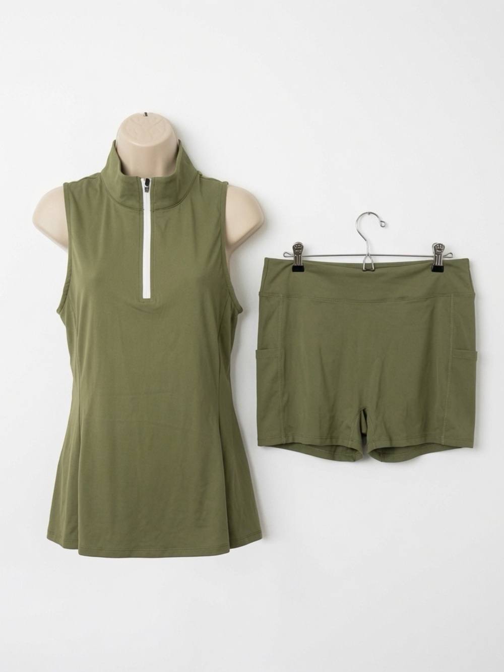 HALARA Olive Mock Neck Sleeveless Mini Dress with Matching Shorts